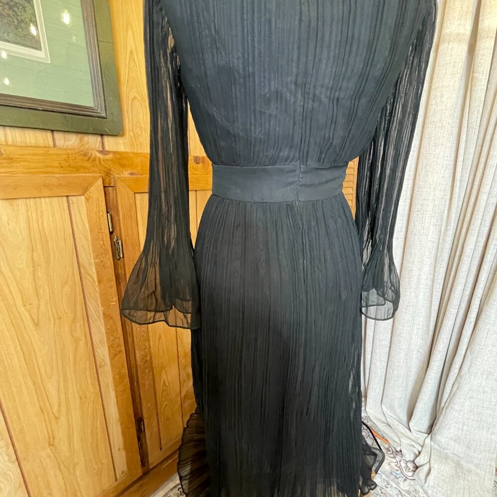 Vintage 60s/70s Black Pleated Cocktail Dress Union Made Georgette Sleeves Size M - Picture 6 of 14